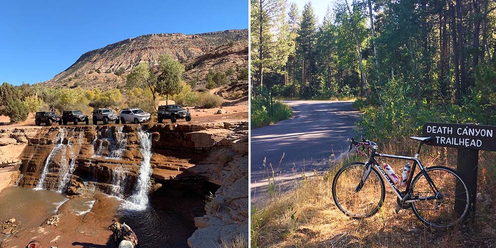 Thin Air Web jeep and bike in Moab desert while dispersed camping