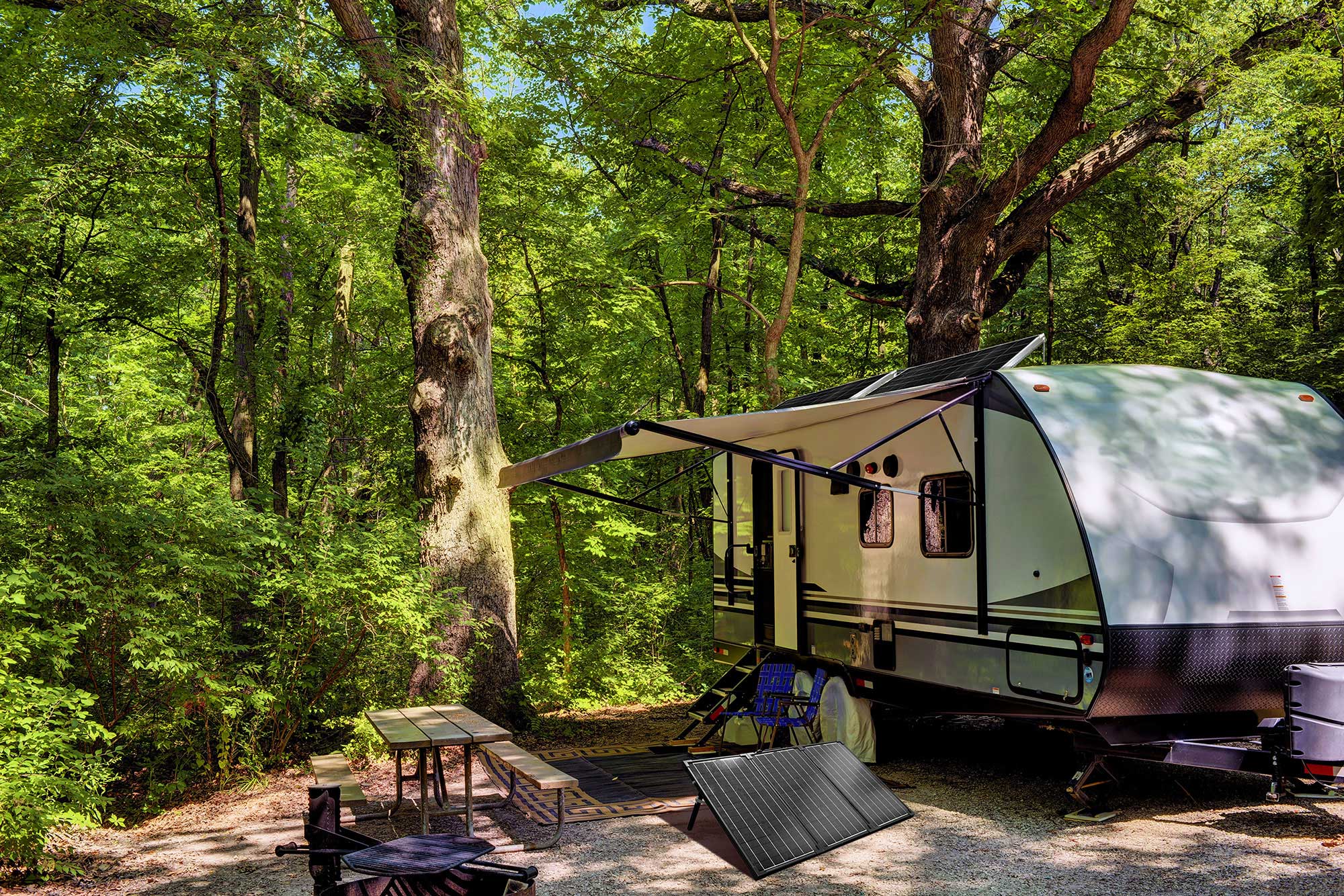Sustainable RVing, RV with portable solar kit and solar panels